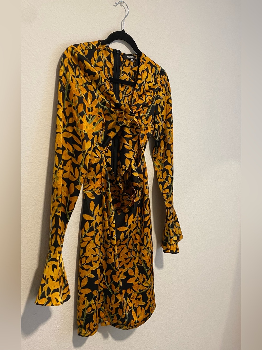 Missguided Black & Yellow Floral Long-Sleeve Twist Front Dress